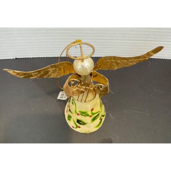 Gold Metal & Abalone Angel Ornament with Hand-Painted Holly Design by Pier 1 - Picture 2 of 11